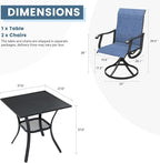 DIFY 3 Pieces Outdoor Patio Dining Set for 2, 27.6" Small Black Square Metal Dining Table and 2 Blue Textilene Swivel Dining Chairs, Outdoor Table and Chairs