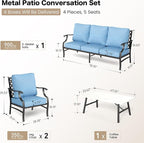 4 Piece Metal Outdoor Patio Furniture Sets, Patio Conversation Sets 1 3-seater Sofa, 2 Fixed Chair with 5.75" Extra Thick Cushion and Coffee Table, Black Frame Backyard Furniture, Blue