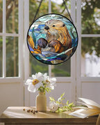Stained Glass Suncatcher, Blue Ocean Cute Sea Otter Sun Catcher Stain Glass Window Hanging Decoration Mother's Day Birthday Gifts for Women Men Mom Nana 6.3 in