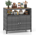 RELAX4LIFE Wicker Outdoor Bar Cabinet - PE Rattan Patio Bar Table w/Acacia Wood Countertop, Open Shelf & 2 Doors, Buffet Sideboard Organizer for Garden Backyard Pool, Outside Storage Cabinet (Grey)