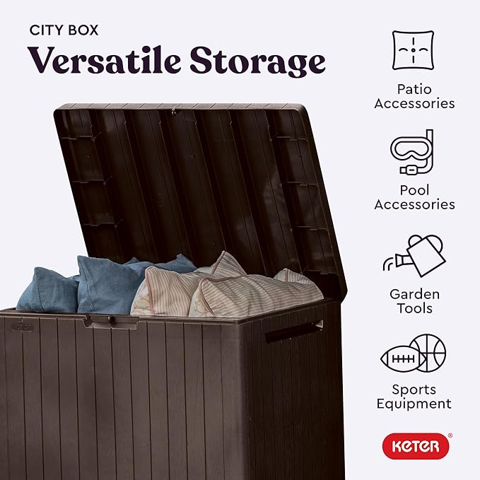 Keter City 30 Gallon Resin Outdoor Storage Box and Patio Furniture Side Table for Pool and Garden Accessories, Brown
