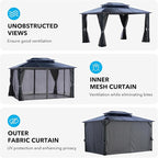 LeDoasis 10' X 13' Hardtop Gazebo, Outdoor Permanent Polycarbonate Double Roof Canopy with Breathable Netting & Privacy Curtain for Patio Backyard Garden Lawn Party