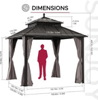 SUNJOY Kingston 10' x 10' Hardtop Gazebo with Galvanized Steel Double Roof, Curtain and Netting, Brown Aluminum Posts Permanent Pavilion Gazebo for Garden, Patio, Deck, Lawn