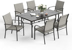 Patio Dining Set for 6, 64" Rectangular Metal Dining Table with Umbrella Hole and 6 Chairs, Outdoor Table and Chairs Set for Lawn Garden Backyard and Deck, Brown