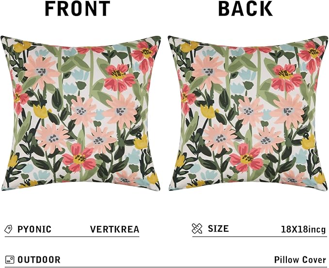 Pyonic Outdoor Pillows Cover Pack of 2 Floral Waterproof Throw Pillow Covers 18X18 inch Outdoor Pillows for Patio Furniture Garden Square Outside Waterproof Pillow