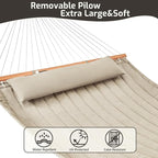 Double Quilted Fabric Hammock with Hardwood Spreader Bars and Pillow 450 LBS Capacity 2 Person Large Hammock for Outdoor Patio Backyard Poolside - Tan