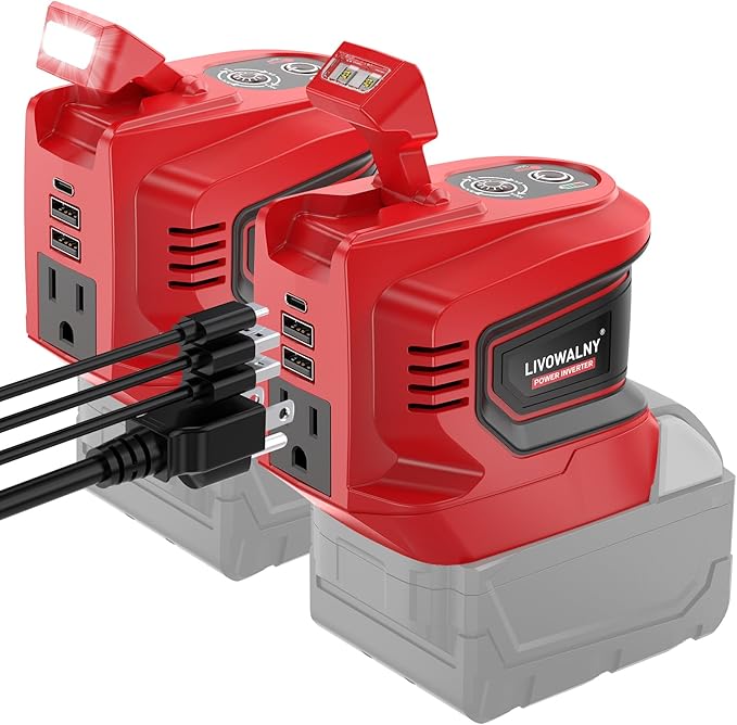 2 Packs Power Inverter Compatible with Milwaukee 18V, LIVOWALNY Real 200W Battery Inverter 18V to 110V, Power Adapter Charger Adapter Power Station Power Supply 2 USB-A & 1 Type-C & 1 AC (No Battery)