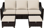 Vista Vibe 3 Pieces Outdoor Patio Conversation Furniture Set - 78" 3-seat Sofa | 2 Wicker Ottomans, Deep Seat Loveseat with Removable Cushions, Hand-Woven PE Rattan Couch, Lawn (Brown/Beige)
