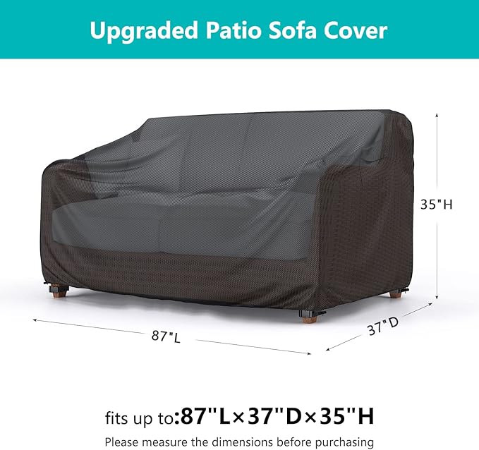 Patio Sofa Cover Waterproof - Heavy Duty 3-Seater Outdoor Couch Cover Patio Furniture Covers with Air Vent and Handles, 87" L×37" D×35" H, Black