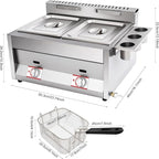Stainless Steel Low Pressure Gas Deep Fryer with Frying Baskets and Lid, 12.7QT/12L Capacity Countertop Deep Fryer Oil Frying Pot Kitchen Frying Machine Table Snack Fryer Double Cylinder Gas Fryer