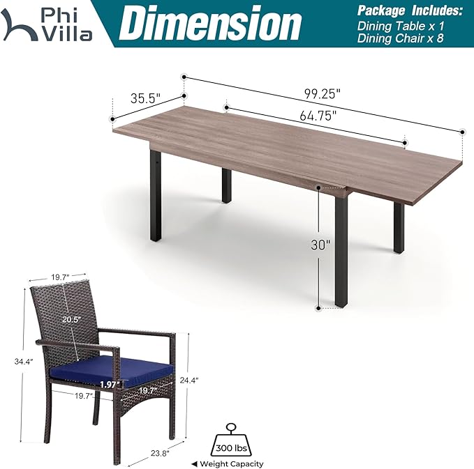 PHI VILLA 9 Piece Patio Dining Set for 8, Expandable Wood-Like Metal Dining Table & Wicker Chairs with Cushions, Large Dining Furniture for Outdoor Deck, Backyard, Porch