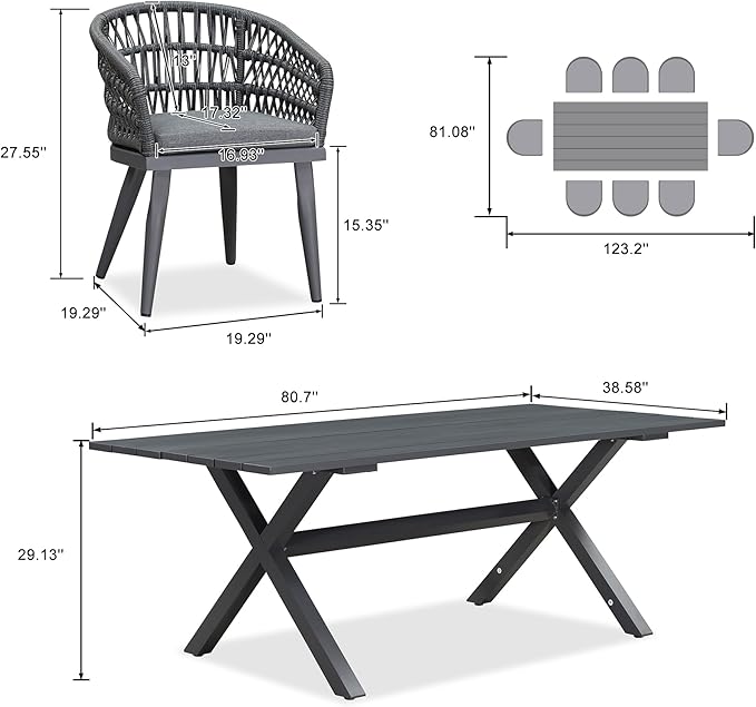 PURPLE LEAF 9 Pieces Outdoor Dining Set All-Weather PE Rattan Outdoor Patio Furniture Set with All Aluminum Frame Rectangular Table and Chairs Set for Lawn Garden Backyard Deck, Grey