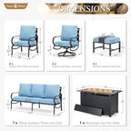 Sophia & William Patio Furniture Sets for 9 with 45" Gas Fire Pit Table Outdoor Conversation Sets 8 Pcs, 2xSofa Chairs, 2xSwivel Cushion Chairs, 1x3-Seat Sofa, 2xOttomans for Porch Poolside Blue