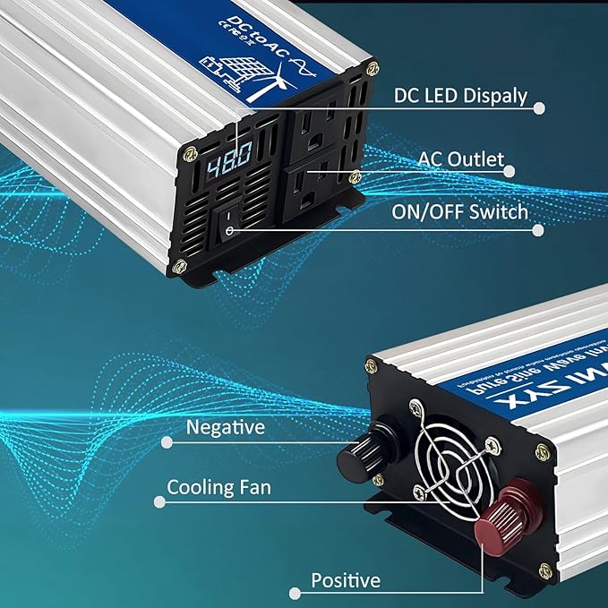 1000W Pure Sine Wave Power Inverter DC 48V to AC 110V/120V, 2000W Peak, Car/Truck Power Converter for Solar, Home, Vehicle & Rechargeable Devices with LED Display