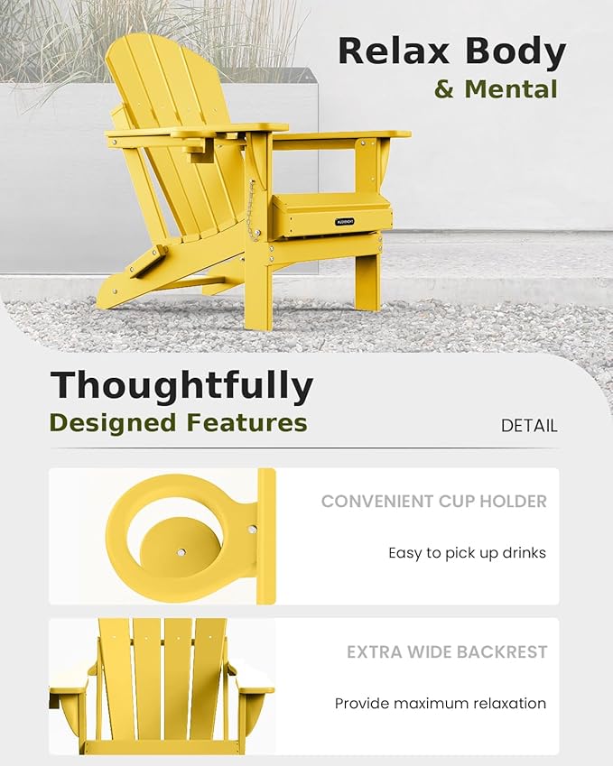 MUCHENGHY Folding Adirondack Chairs, Patio Chairs, Lawn Chairs, Outdoor Chair, Adirondack Chair Plastic, Fire Pit, Weather Resistant with Cup Holder for Deck, Backyard, Garden(Olive Yellow)