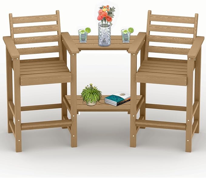 Tall Adirondack Chairs Set of 2, All Weather HDPE Poly Bar Height Balcony Adirondack Chair with Removable Double Connecting Trays, Outdoor Adirondack Barstools for Deck, Patio, Yard, Pool, Lawn