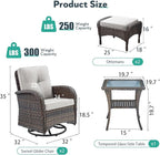 Outdoor Swivel Glider Rocker Chairs Set- 5 Piece Patio Furniture Set, Patio Bistro Sets with Tempered Glass Side Table and 2 Ottoman, for Balcony, Porch - Brown Wicker, Beige Cushion