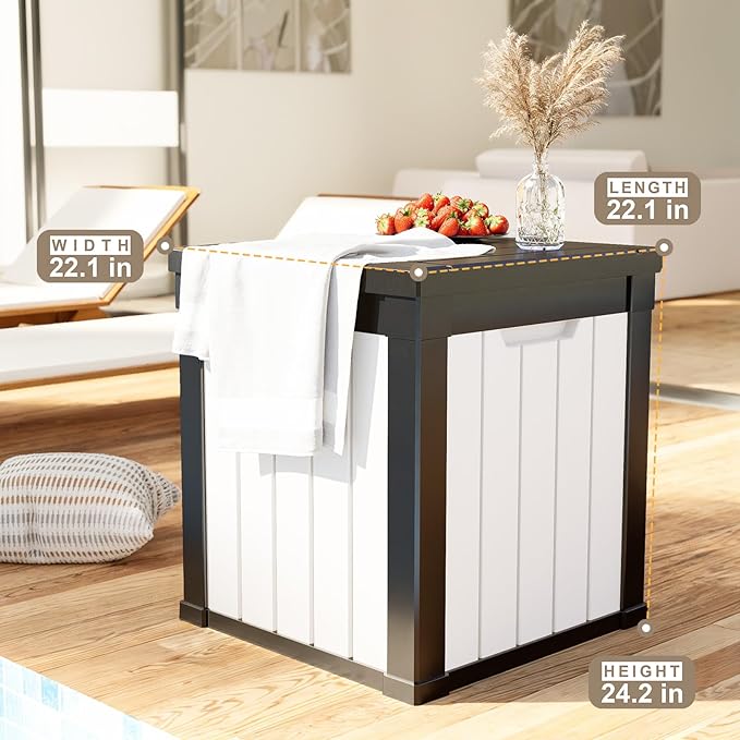 ROJIK Outdoor Storage Housing Deck Box - Waterproof Patio Furniture, Garden Tools, Cushions, Pool Accessories Storage Bench with Lockable Lid and Side Handles (Black & Whiter, 50 Gal)