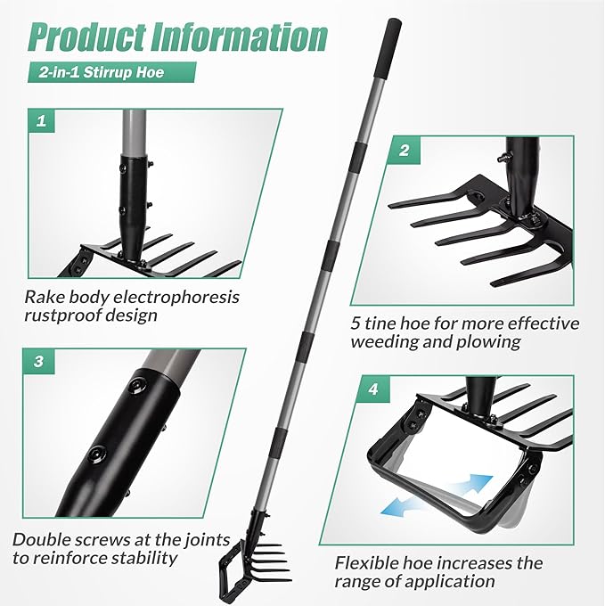 Suchtale 82 Inch Stirrup Hoe and 5-Tines Rake, Action Hoe for Weeding, 2 in 1 Scuffle Hoe with 37-82"Adjustable Handle, Hula Hoe Cultivator for Loosening Soil, Loop Hoe for Garden Weeding and Planting