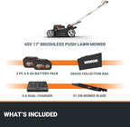 WORX 40V 17'' Cordless Lawn Mower for Medium Size Yards, 2-in-1 Electric Mower Cuts to Edge, Compact & Lightweight Push Lawn Mower with 6-Position Height Adjustment – 2 Batteries & Charger Included