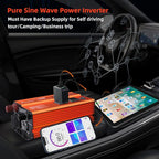 750W Pure Sine Wave Inverter, Car Power Inverter, 12V DC to 110V AC Power Converter, Emergency Power Inverter with Type-C, Dual 5.2V/2.4A USB, 3AC Outlets for Home,Camping, RV, Truck, Vehicles