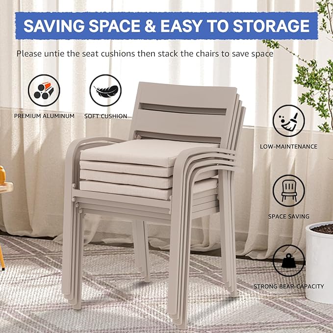 Soleil Jardin Outdoor Aluminum 4-Piece Patio Dining Chairs with Cushions, Stackable Bistro Chairs for Balcony, Garden, Backyard, Flaxen Finish & Beige Cushion