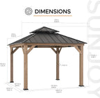 SUNJOY 11 x 11 ft. Wood Gazebo, Upgrade Outdoor Patio Cedar Framed Steel Hardtop Gazebo with 2-Tier Metal Roof, Suitable for Patios, Lawn and Backyard, Dark Brown Roof + Dark Wood Frame
