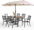 PHI VILLA 7 Piece Patio Dining Set with Umbrella, 60” Rectangular Metal Dining Table & 6 Stackable Metal Chairs & 13ft Large Beige Umbrella for Outdoor, Deck, Yard, Porch