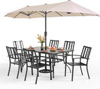 PHI VILLA 7 Piece Patio Dining Set with Umbrella, 60” Rectangular Metal Dining Table & 6 Stackable Metal Chairs & 13ft Large Beige Umbrella for Outdoor, Deck, Yard, Porch