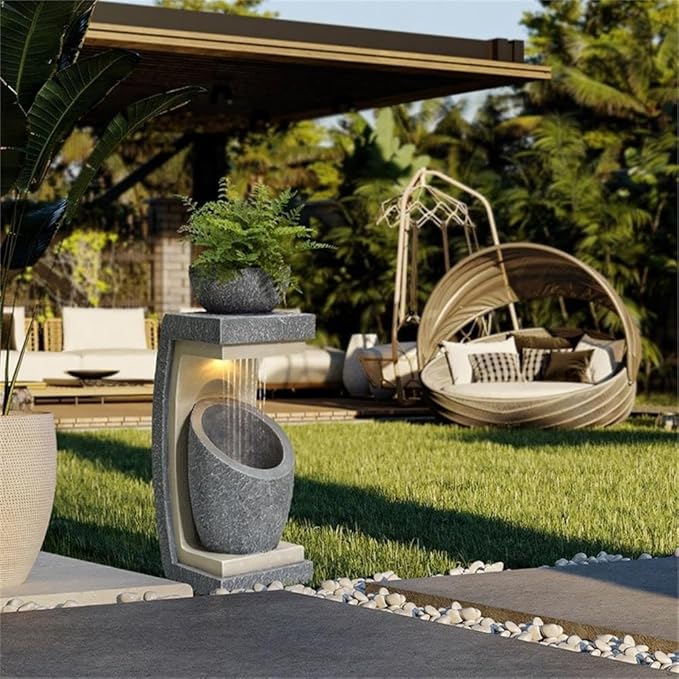LuxenHome Water Fountain Outdoor, 32 Inch Resin Cascading Water Fountains Indoor with LED Lights, Modern Garden Decor, Small Waterfall Fountain, Outdoor Fountains and Waterfalls Garden Decor