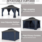 Gotland 12' x 14' Navy Hardtop Gazebo with Curtains and Netting, Double Roof Iron Metal Pergola for Patio, Garden, Lawn