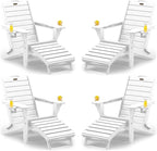 Folding Adirondack Chairs Set of 4,Adirondack Chair with Retractable Ottoman,Plastic Adirondack Chairs with 2 Cup Holder,Weather Resistant Patio Chair,Outdoor Chairs Set of 4(White)