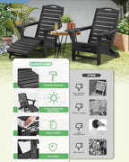 Folding Adirondack Chair with Retractable Ottoman Weather Resistant Fire Pit Chair Patio Chair with 2 Cup Holder Lawn Outdoor Lounge Chair (Black)