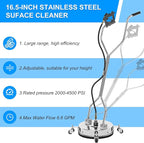 16.5" Pressure Washer Surface Cleaner with 304 Industrial-grade Stainless Steel Housing, Dual Handle, Driveway Pressure Washer Attachment, 2 Replacement Nozzles, for Concrete, Sidewalk, Deck, 4500 PSI
