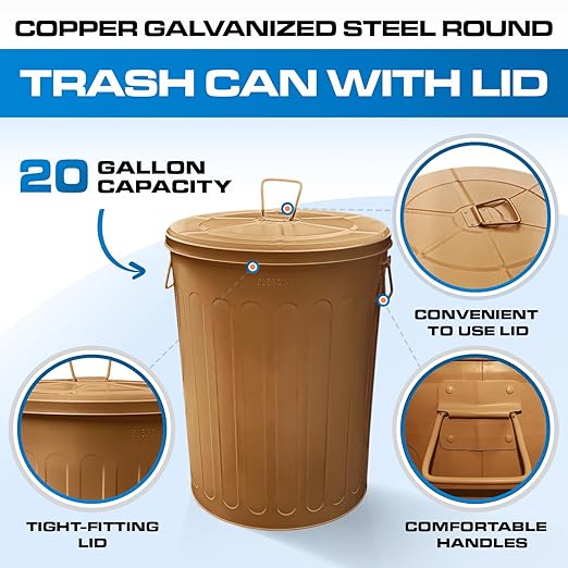 Plexon Large Metal Trash Can with Lid 20 Gallon, Decorative Outdoor Trash Can Heavy Duty Galvanized Metal Bucket with Lid for Garage Workshop Ash Storage Farmhouse, Copper 6 Pack
