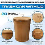 Plexon Large Metal Trash Can with Lid 20 Gallon, Decorative Outdoor Trash Can Heavy Duty Galvanized Metal Bucket with Lid for Garage Workshop Ash Storage Farmhouse, Copper