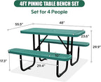 4FT Outdoor Picnic Tables,Heavy-Duty Metal Rectangular Picnic Table,Expanded Metal Commercial-Grade Table with 2 Benches & Umbrella Hole,Waterproof Coating Beach Table for Patio,Garden, Backyard
