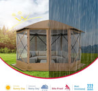 COBlZl Pop Up Gazebo 12x12 Screen House Tent for Camping, Outdoor Instant Stargazing Gazebo Canopy with Awning 2.0, Portable Hub Tent with Mosquito Netting, Pavilion for Backyard,Brown