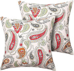 Magpie Fabrics Pack of 2 Outdoor Waterproof Throw Pillow Covers 18 x 18 Inch, Christmas Decorative Cushion Sham Pillowcase Shell for Garden Patio Tent Balcony Couch Sofa(Paisley Red Beige)