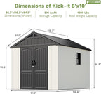 Patiowell 8 x 10 FT Resin Outdoor Storage Shed with Floor and Light, Large Plastic Barn with Lockable Door for Garden Tools, Backyard, Bike Storage, Easy Installation in Beige (Kick-it Shed)