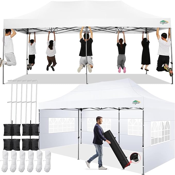 COBIZI 10x20 Pop up Canopy Tent with 6 Sidewalls, Waterproof Heavy Duty Commercial Canopy for Parties, Outdoor Tent, Garden Gazebo, Carry Bag with Wheel (10x20ft, White)