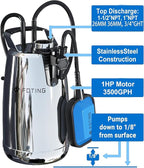 FOTING Stainless Steel Sump Pump 1HP Automatic & Manual Mode- with Float Switch,3500GPH Submersible Water Pump Utility Pump for Swimming Pool Garden Pond Basement with 25ft Cord