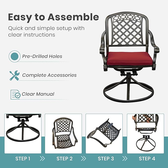 Set of 6 Cast Aluminum Patio Chairs with Cushions, All-Weather Aluminum Outdoor Swivel Chairs, Metal Outdoor Rocking Chairs for Backyard, Poolside and Bistro(Red, 6 Pieces)