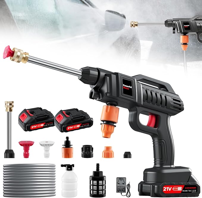 Portable Battery Power Washer 1500W, 60Bar/870 PSI Electric Pressure Washer Handheld High Pressure Car Washer Gun with 2 Nozzles, 2 Battery, 5m Hose Cordless Jet Washers for Car/Floor/Patio