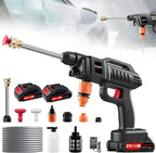 Portable Battery Power Washer 1500W, 60Bar/870 PSI Electric Pressure Washer Handheld High Pressure Car Washer Gun with 2 Nozzles, 2 Battery, 5m Hose Cordless Jet Washers for Car/Floor/Patio