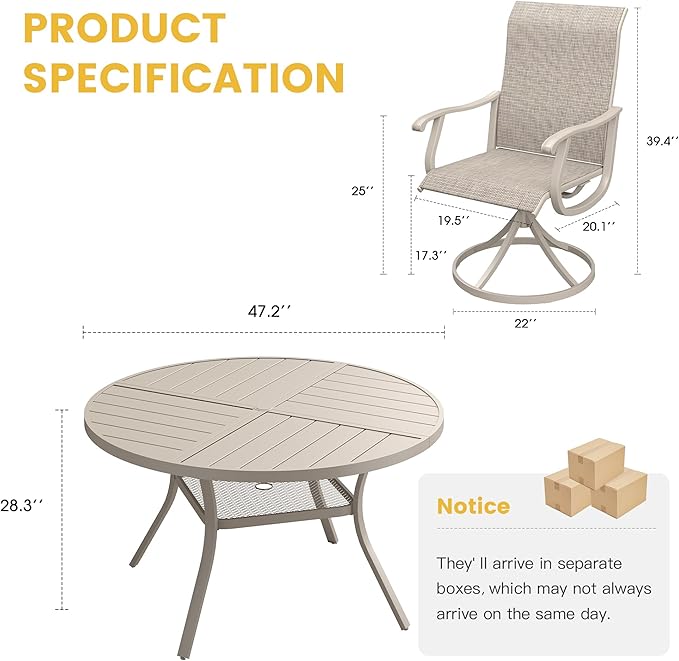 VICLLAX 7 Pieces Patio Dining Set for 6, Outdoor Furniture Set Includes 47.2" Outdoor Round Table and 6 Patio Swivel Chairs for Lawn Garden, Sandshell Color Tabletop and Fabric