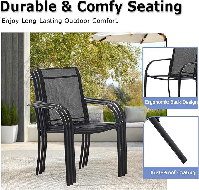 Patio Chairs Set of 4, Outdoor Dining Chairs with Breathable Textilene Fabric, Stackable Patio Chairs for Lawn, Garden, Backyard, Poolside, Black