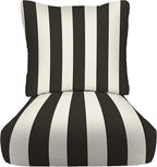 RSH DECOR: Deep Seating Chair Cushion with Pillow Back | 23” x 24” Seat | All-Weather Spun Fabric | Outdoor Cushion Set for Patio Furniture | Black & White Stripe
