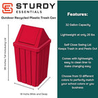 32 Gallon Square Slatted 100% Recycled Plastic Indoor or Outdoor Commercial Trash Can with Easy Access Swing Top Lid | Great for Schools and Businesses - Red