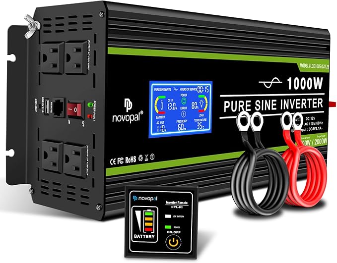 Novopal 1000 Watt Pure Sine Wave Power Inverter 12V DC to 110V/120V AC Converter- 4 AC Outlets Car Inverter with 1 USB Port-16.4 feet Remote Control,Two Cooling Fans and LCD Display Black